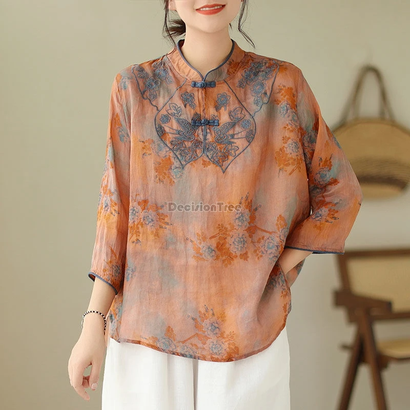 2024 new retro chinese style improved daily hanfu top stand collar button cotton linen blouse chic floral embroidery tea art top