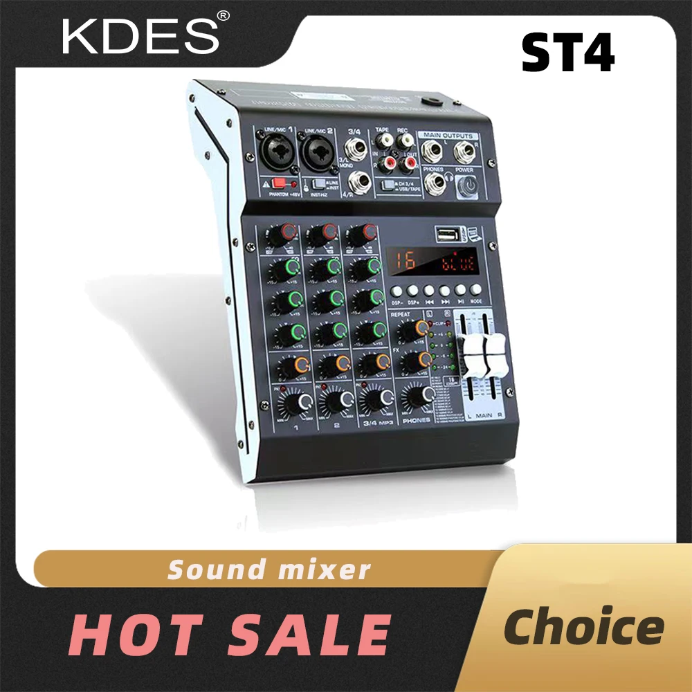 

KDES ST4 Audio Mixer 4 Channel 99 DSP Effect Record PC 48V Phantom Power USB Sound Mixers Bluetooth DJ Console Mixing for Karaok