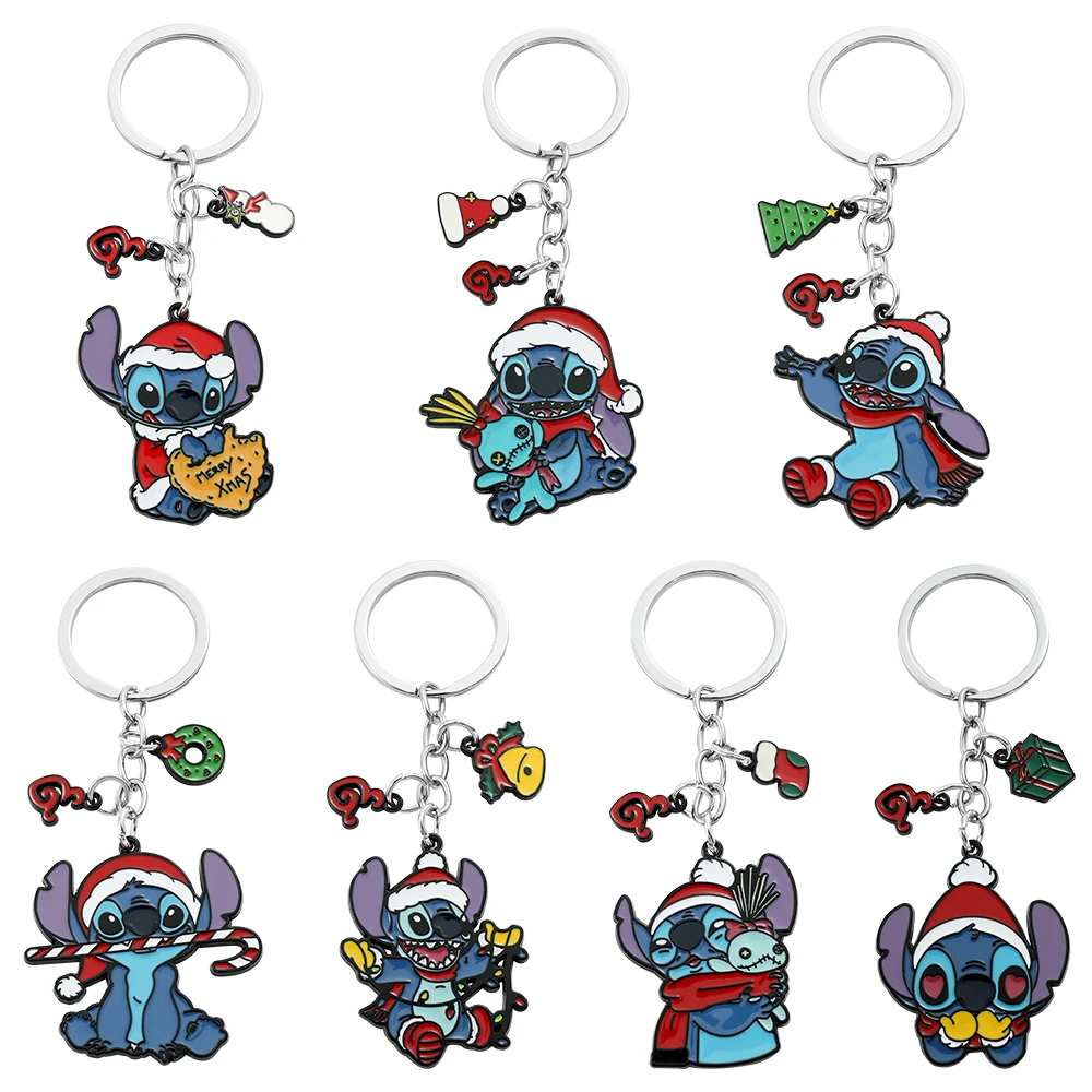 Christmas Stitch Metal Keychain Disney Cartoon Lilo & Stitch Enamel Pendant Key Chain for Bag Ornament Keyrings Car Key Holder