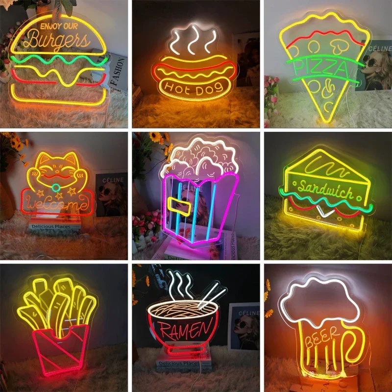 LED Neon Night Light Sign Hamburg Pizza Beer Light USB Interface for Bar Advertising Restaurant Door Sign Room Home Decoration