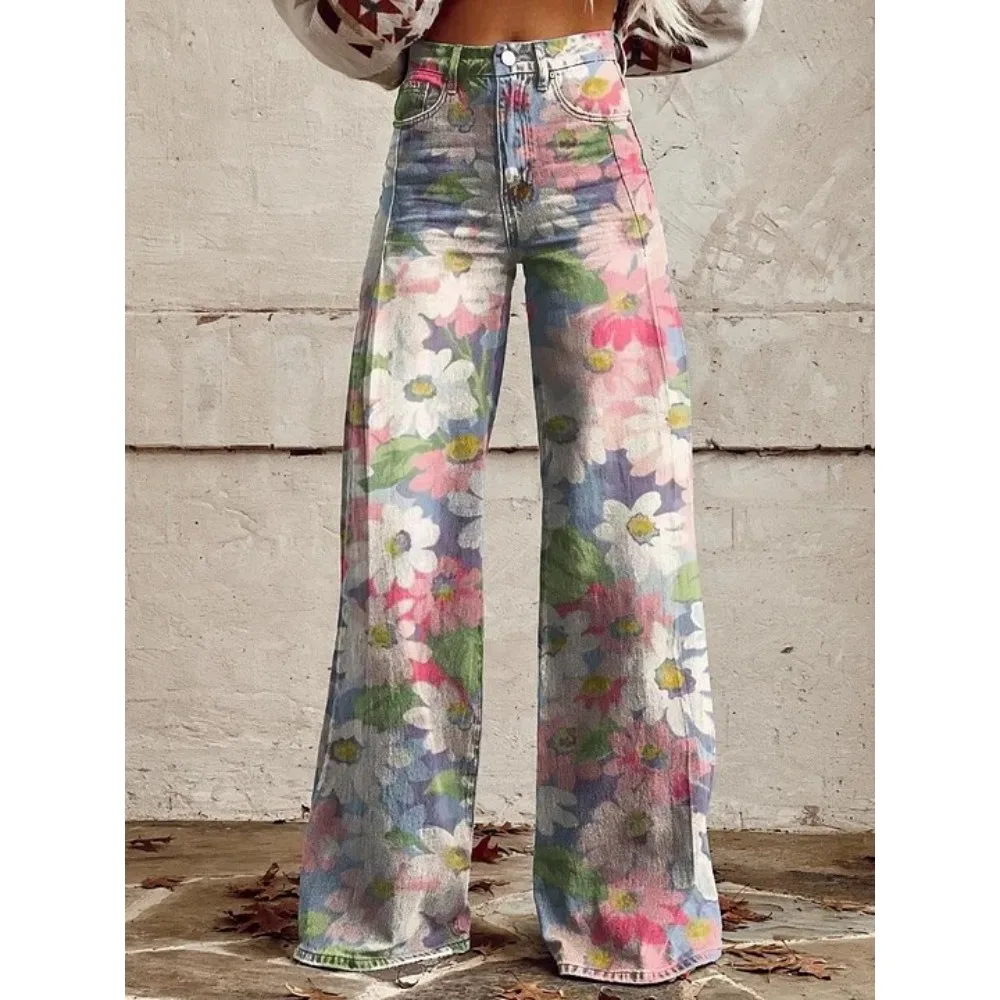 Damen Boho Blumenmuster High-Waist Weite Hose Retro Y2K Western Lässige Loose-Fit Hose mit Taschen Sexy Mädchenhafte Streetwear – Detail 16