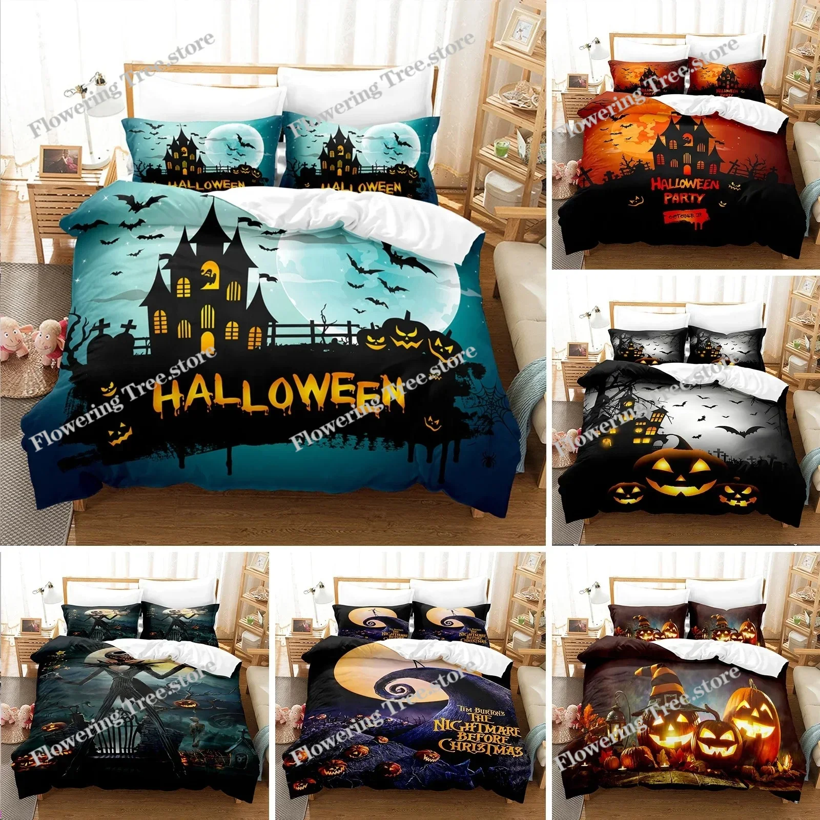 

Halloween Bedding Set KingQueen Size Cartoon Pumpkin Lantern Castle and Bat Duvet Cover Dark Horror Night Polyester Quilt Cover