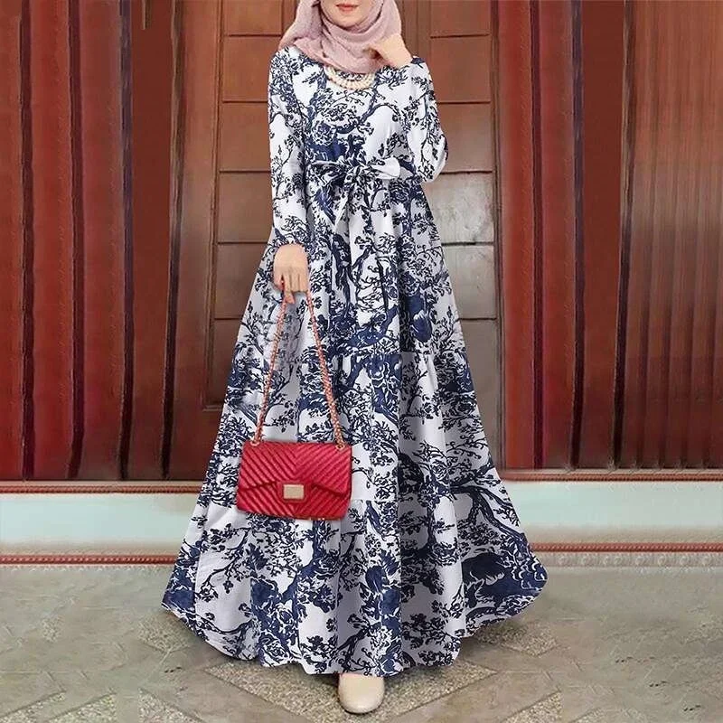 2025 NEW Muslim Abayat Retro Fashion Print Abaya Femme Waist Large Skirt Long Dress for Europe America Middle East, Arabia 2