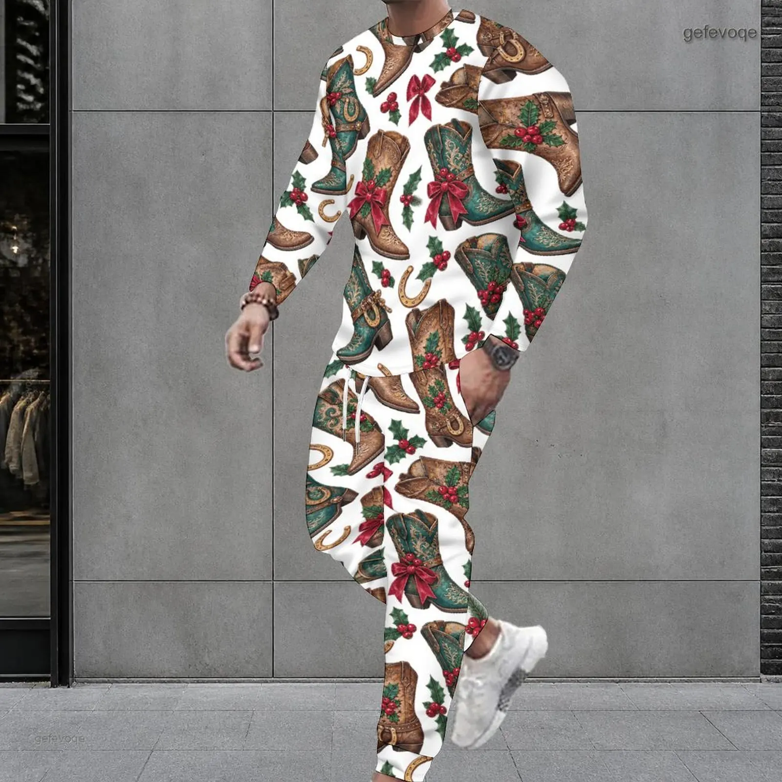 Men Printed Round Neck Long Sleeve Top and Cuffed Pants Two Piece Set, Western Cowboy Boot Holly Pattern