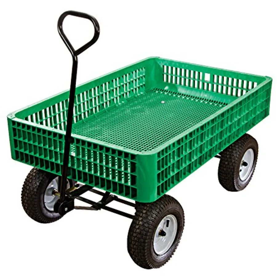 Green utility wagon for outdoor use, polyethylene tray, flat-free tires, 30x46x7.5 inches, rust-resistant steel frame, all-terr