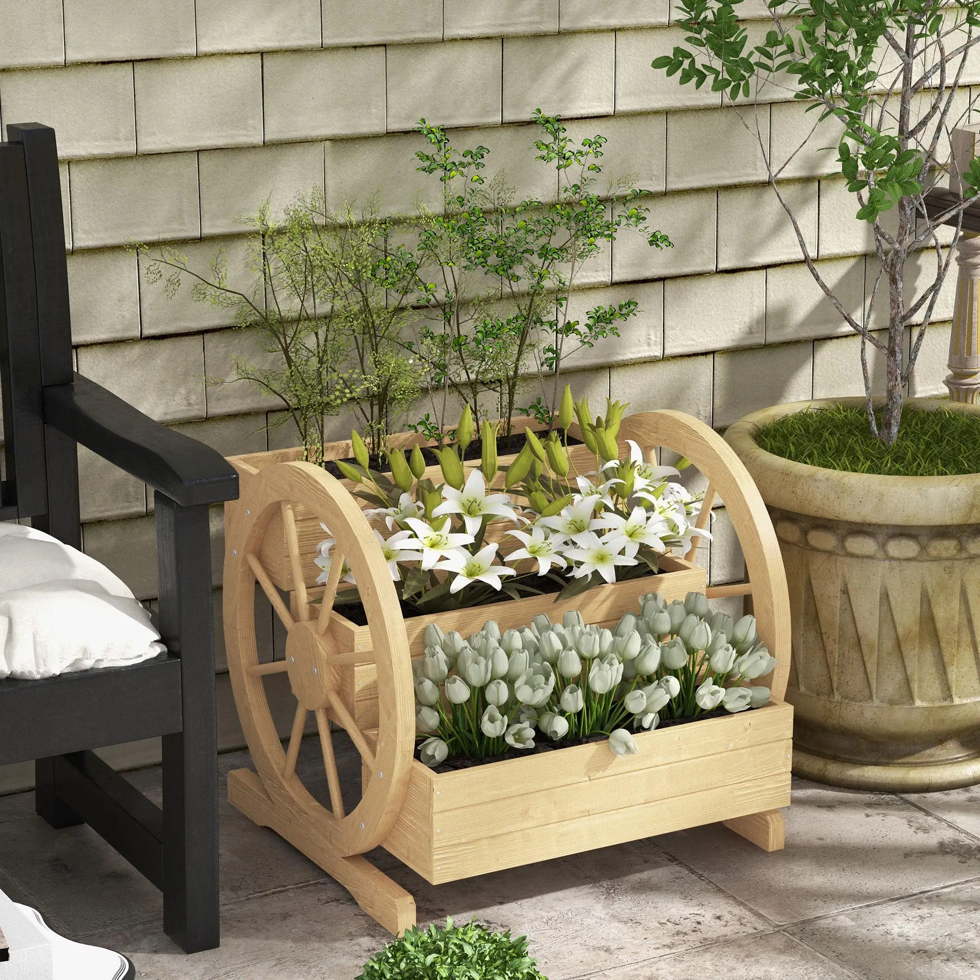 Jardinière en bois à 3 niveaux 61x62x57 cm avec roulettes et drainage, design échelle naturelle pour jardin, terrasse, balcon