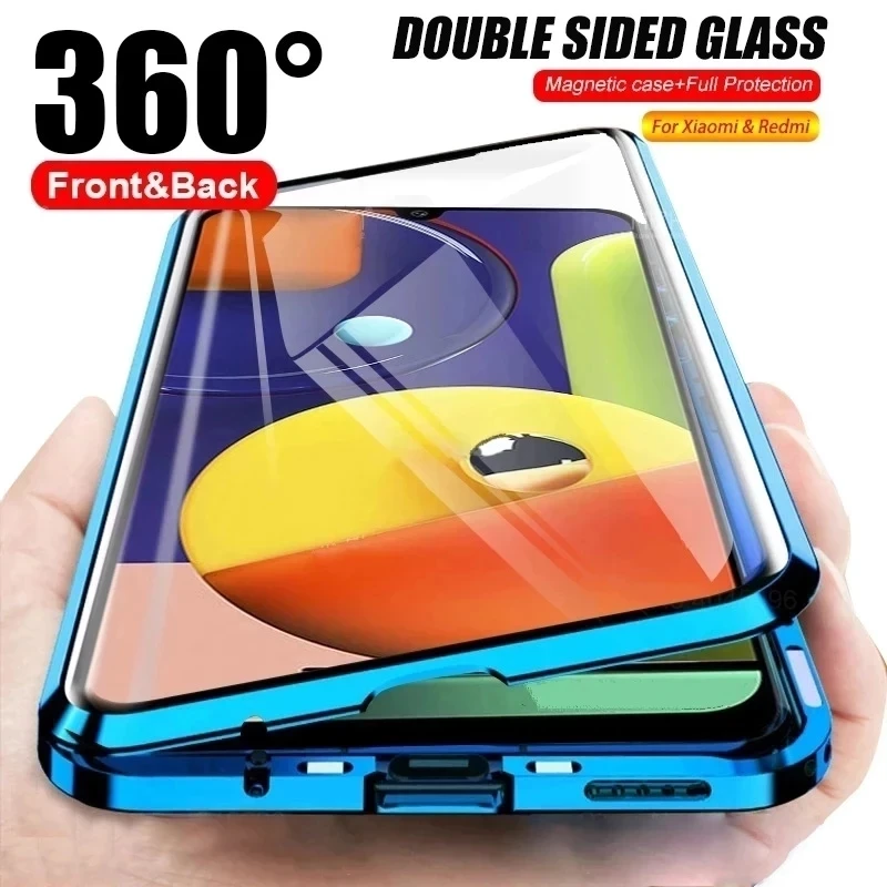 

Metal Magnetic Case For Xiaomi Redmi Note 10 11 12 S 9T 9 S 9A 9C 8 T 7 Pro Lite Double Sided Glass Coque POCO M3 X3 F3 X5 Funda