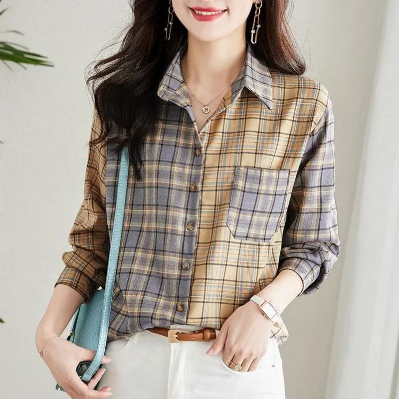 Commute Plaid Asymmetrical Blouse Casual Pockets Spliced Female Clothing Turn-down Collar Spring Autumn Single-breasted Shirt