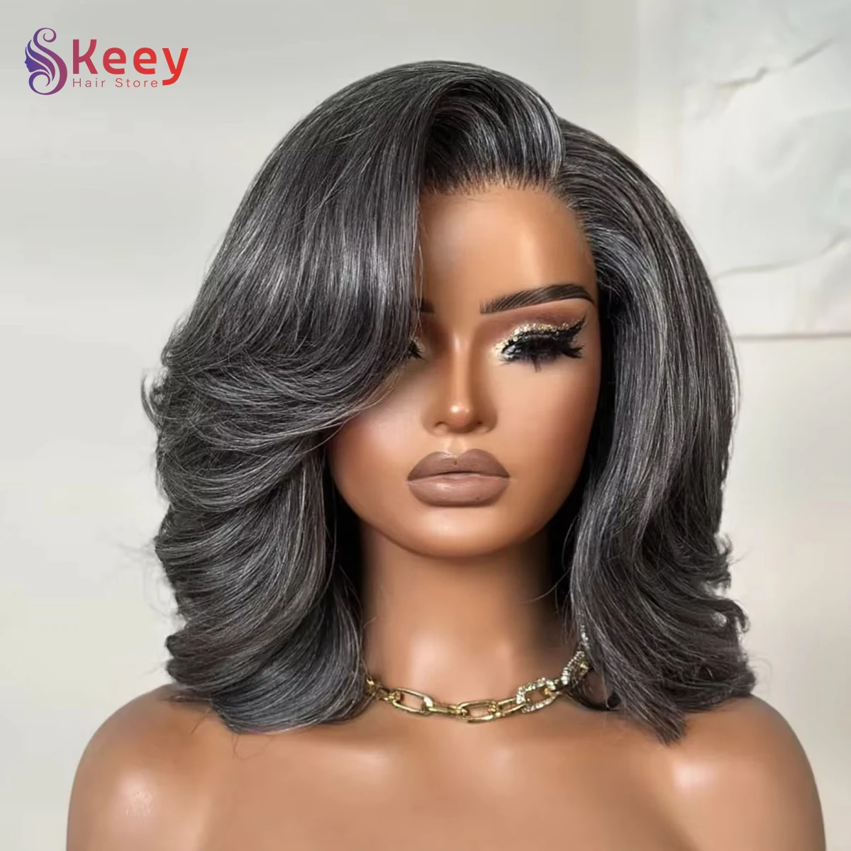 14 بوصة الشظية رمادي الجسم موجة قصيرة بوب الباروكات الشعر البشري 5x5 HD الدانتيل إغلاق شعر مستعار 200 الكثافة الملح والفلفل موجة فضفاضة بوب الباروكات