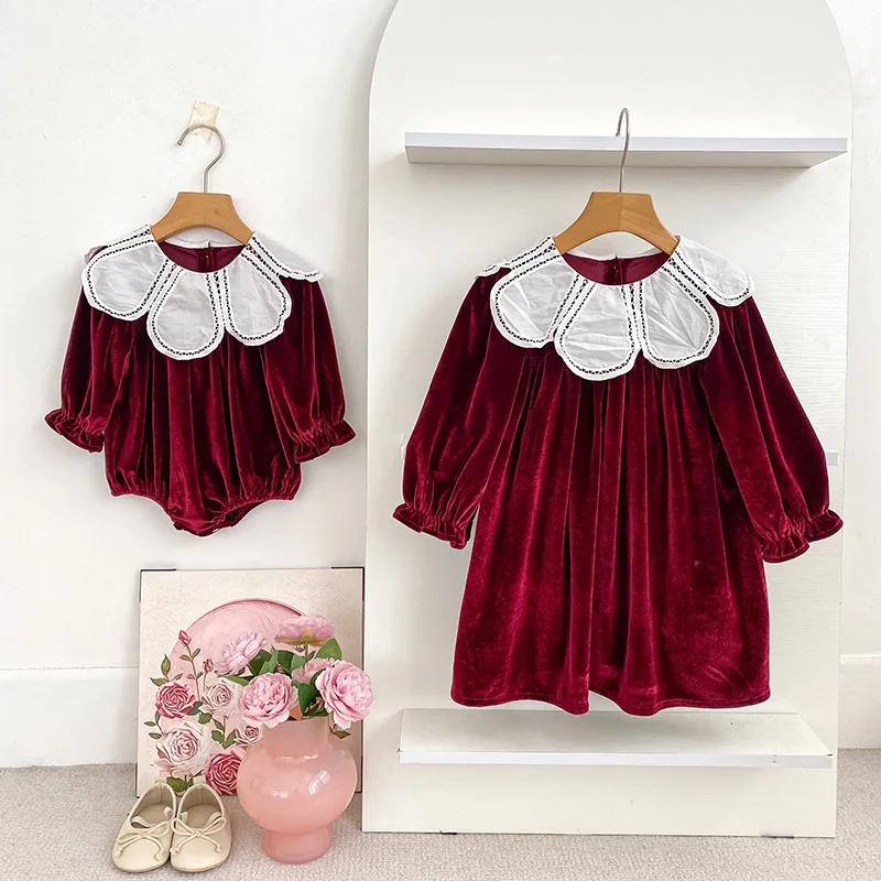 Christmas Sister Outfits Petal Lace Collar Baby Bubble Romper & Girls A-Line Long Sleeve Dress Girl's Clothing