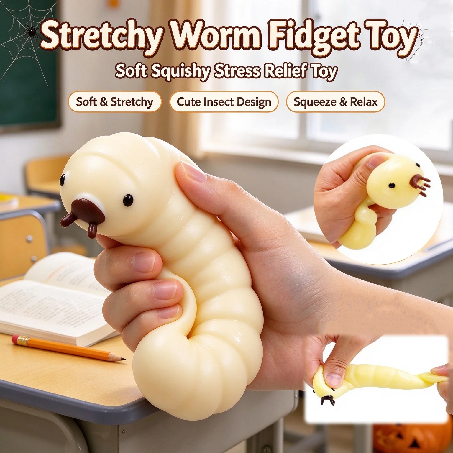 Simulation Mealworm Squishy Slow Rising Squeeze Fidget Toy Realistic Worm Prank Prop Stress Relief Desktop Decor Presents Adults