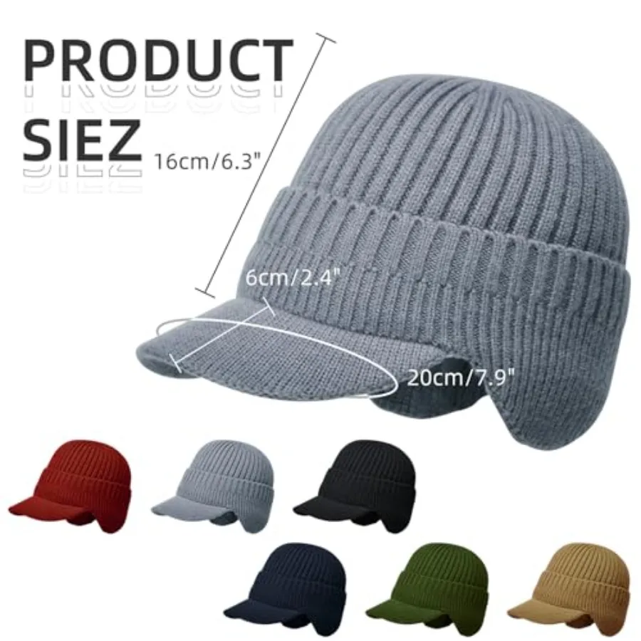 Gorro de invierno para hombre con ala, gorro cálido con orejeras para hombre, gorro de invierno de punto con forro polar grueso para exteriores