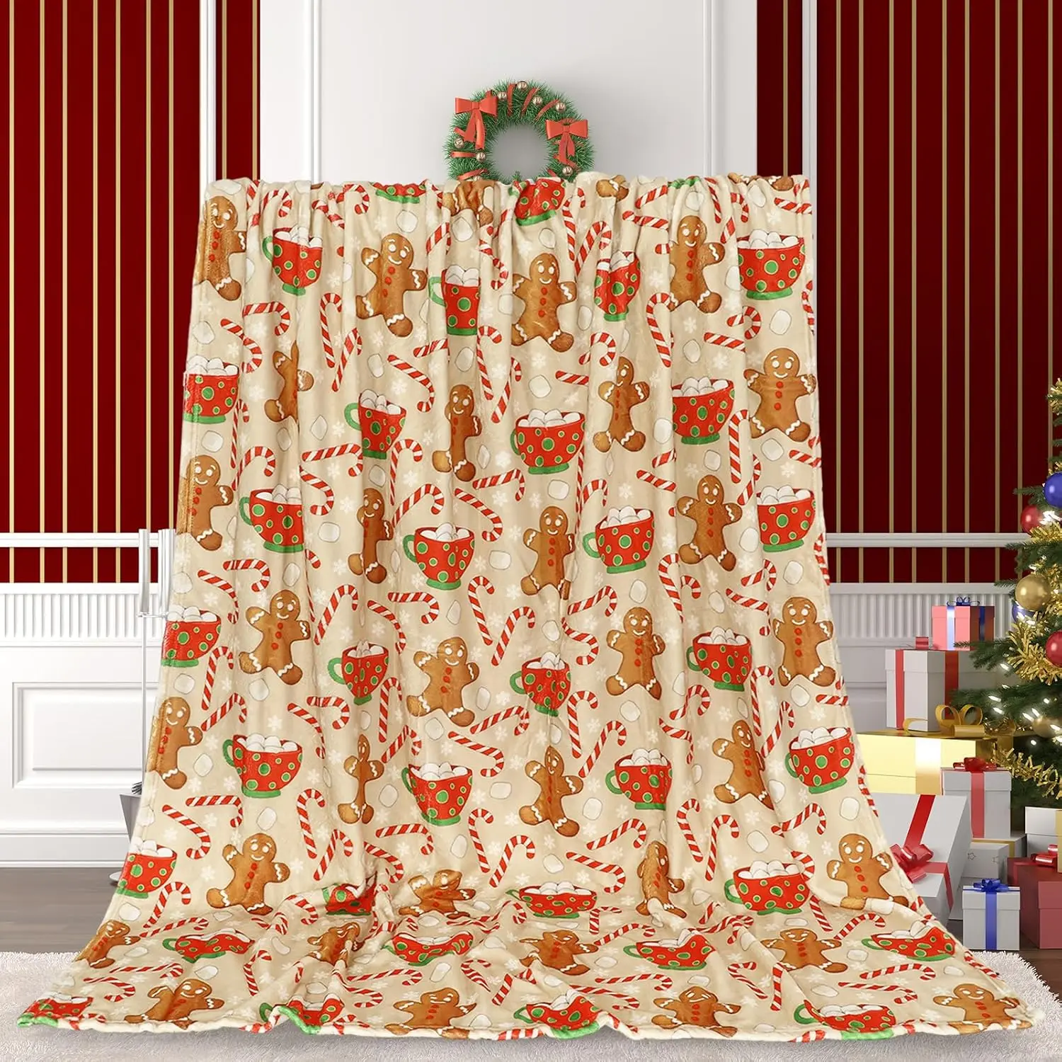 JarThenaAMCS Christmas Fuzzy Blanket Gingerbread Man Candy Cane Throw Blanket Xmas Winter Soft Cozy Flannel Blanket for Home Bed Sofa Couch Chair, 50 x 60 Inch