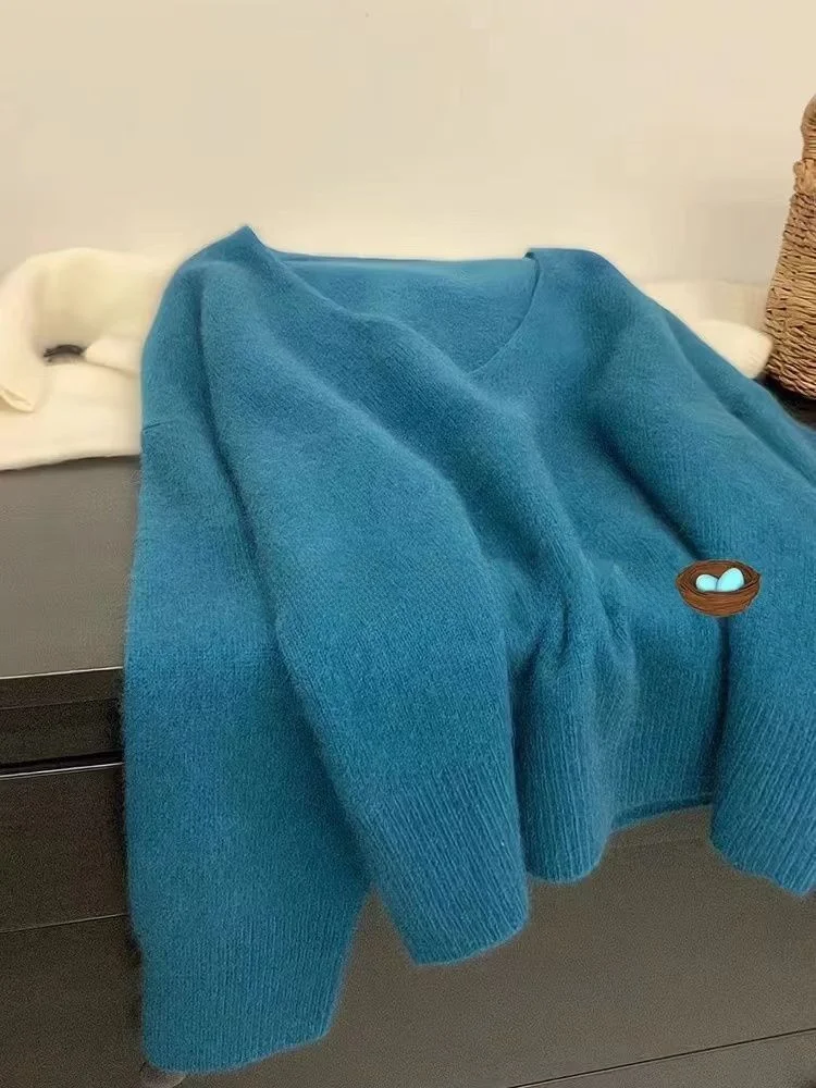 

Loose Long Sve V-Ne Knitted Sweater Women Winter Lazy Color Base irt New 2025 Blue Peaco Knitwear Top