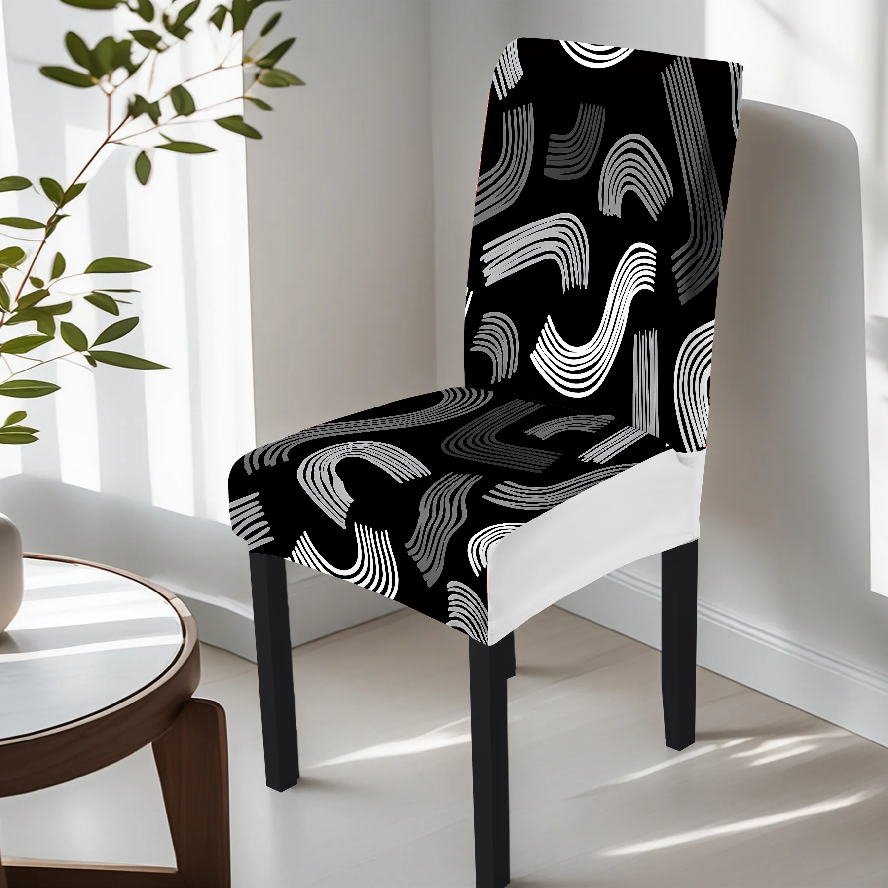 2026 New Elastic Full - Coverage Chair Cover, Black - White Abstract Wave Pattern, Summer Outdoor & Indoor
