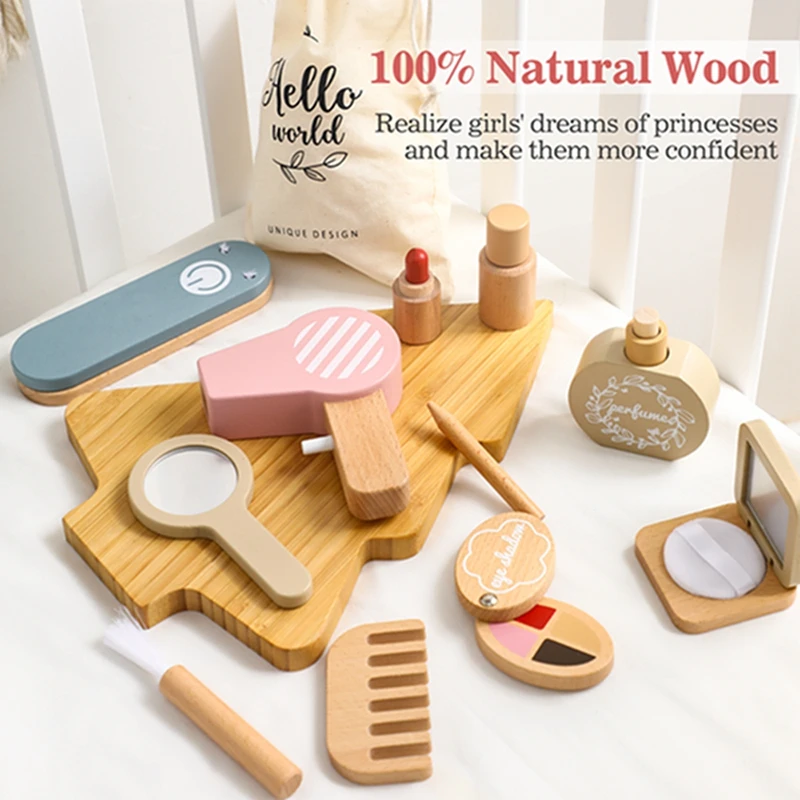 Children Wooden Cosmetic Toys Wooden Dresser Make-up Toys Simulation Makeup Baby Pretend Toy Girls Play House Beauty Fashion Toy