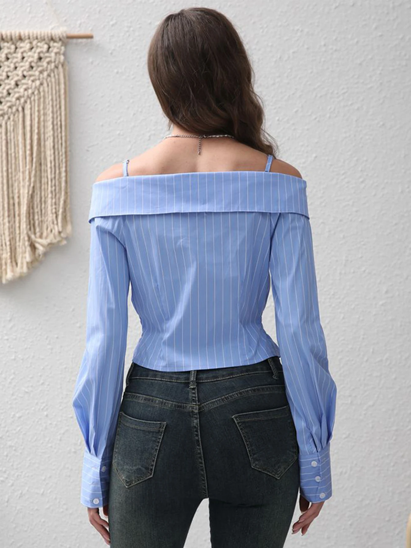 Sexy blue slip casual stripe shirt crop top t shirt women clothing long sleeve tees tops woman 2024 streetwear friends t shirts