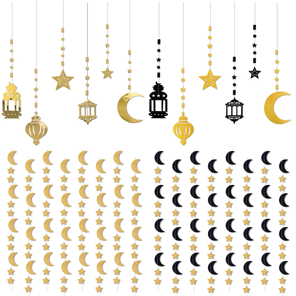 Glitzernde islamische Mond-Sterne-Laterne, Papiergirlande, Eid Mubarak-Dekorationen für Zuhause, Ramadan-Wandbehang, Banner, Ramadan-Kareem-Geschenk