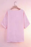 Plus Size Pink Textured V Neck Tunic Top, Batwing Short Sleeve Pocket Loose Blouse for Curvy Women, Lightweight Summer Casual Co - Image 5