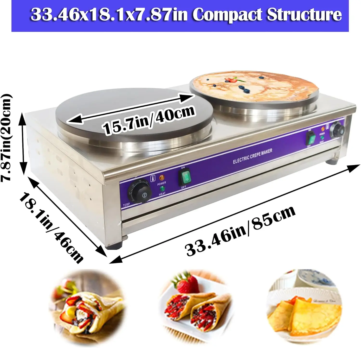 220V Double Electric Crepe Maker 3KW×2 Commercial Pancake Maker Nonstick Pan Griddle Machine Pot for Blintzes Eggs Bacon