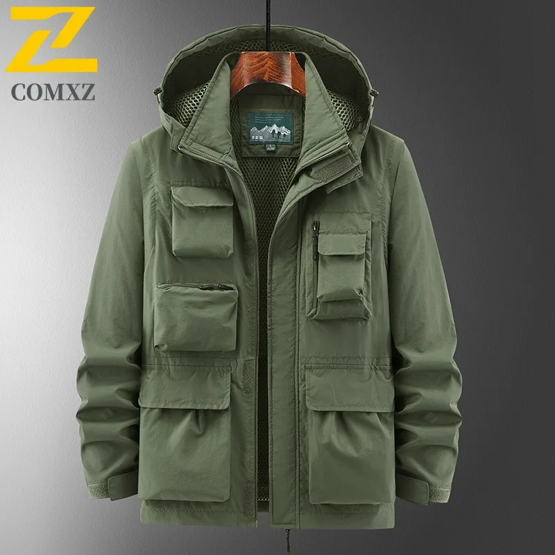 

COMXZ 2025 Spring Autumn Jacket Men Detachable Sleeves Coat Loose Fit Multi Pocket Outdoor Workwear Top lightweight windbreaker