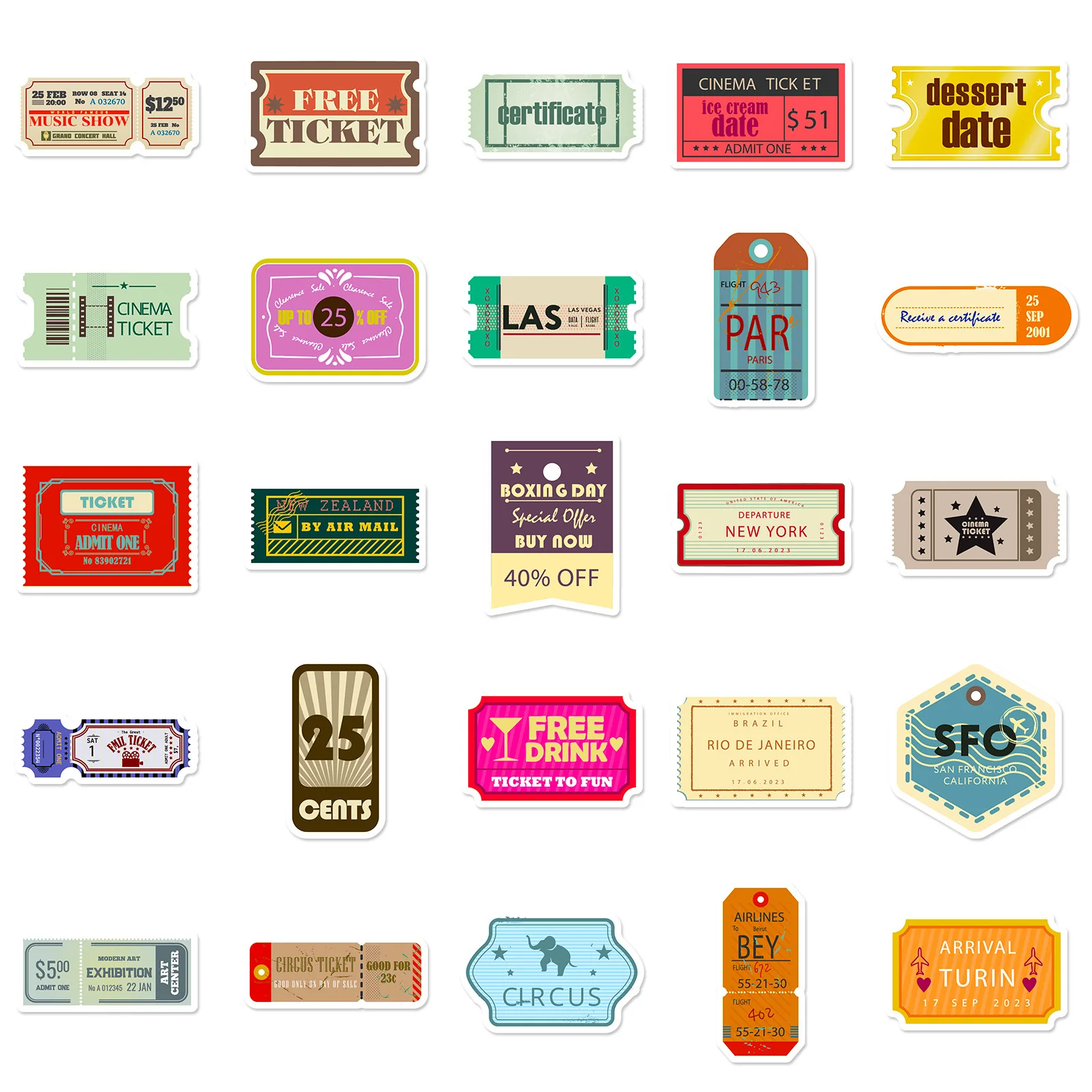 10/25/50pcs Mixed Retro Bills Stickers Graffiti DIY Travel Luggage Notebook Guitar Laptop Phone Stationery Water Bottle