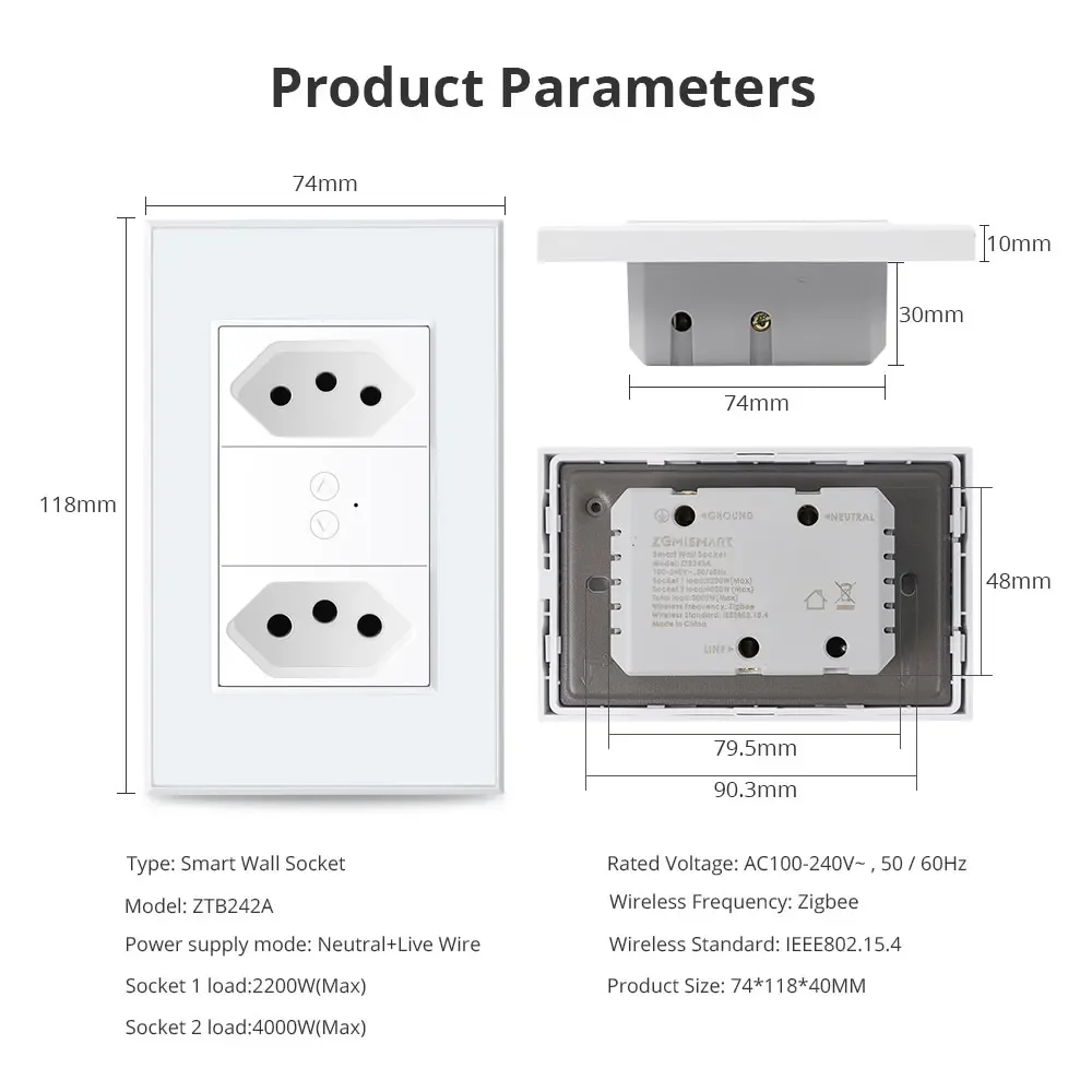 Zemismart Tuya Smart Zigbee Brazil Socket 20A 10A Dual Wall Outlets Alexa Google Home Voice Control For Kitchen Coffee Machines