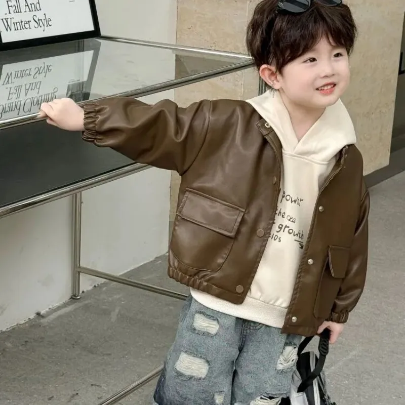 

Children's Coat Spring and Autumn New Style Boys' Baby Handsome Casual Collar PU Jacket 0 2 4 6 Y