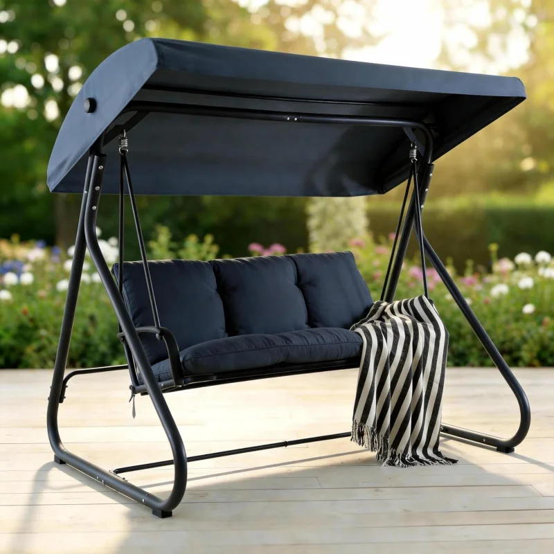 

2026 New：3-Outdoor Swing Glider with Canopy, Converts to Flat Bed, Adjustable Shade, Removable Cushions, Heavy-D