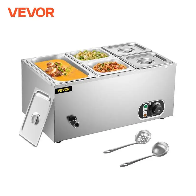 VEVOR 110V Commercial Food Warmer 1x1/3GN&4x1/6GN 5-Pan Stainless Steel Bain Marie 13.7 Quart Capacity for Catering Restaurants