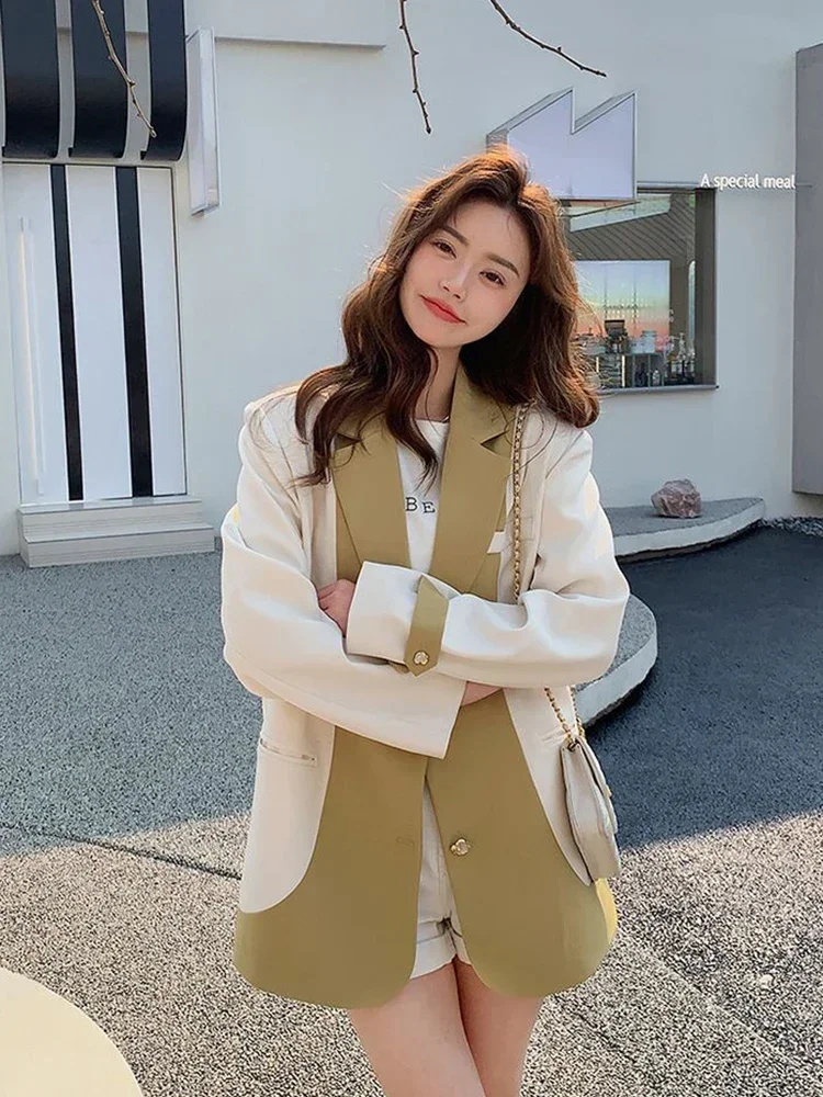 

2025 элегантные женские лоскутные пиджаки высокого качества, корейская мода, свободный повседневный костюм, пальто, женские милые куртки с длинным рукавом