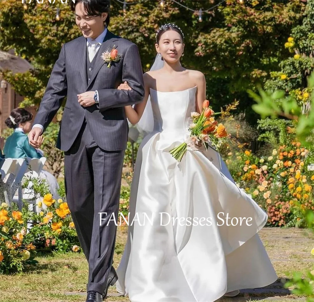 

FANAN Korea Elegant Ivory Boat Neck A-Line Wedding Dresses 웨딩드레스 Satin Simple Corset Back Custom Made Bride Gowns Plus Size