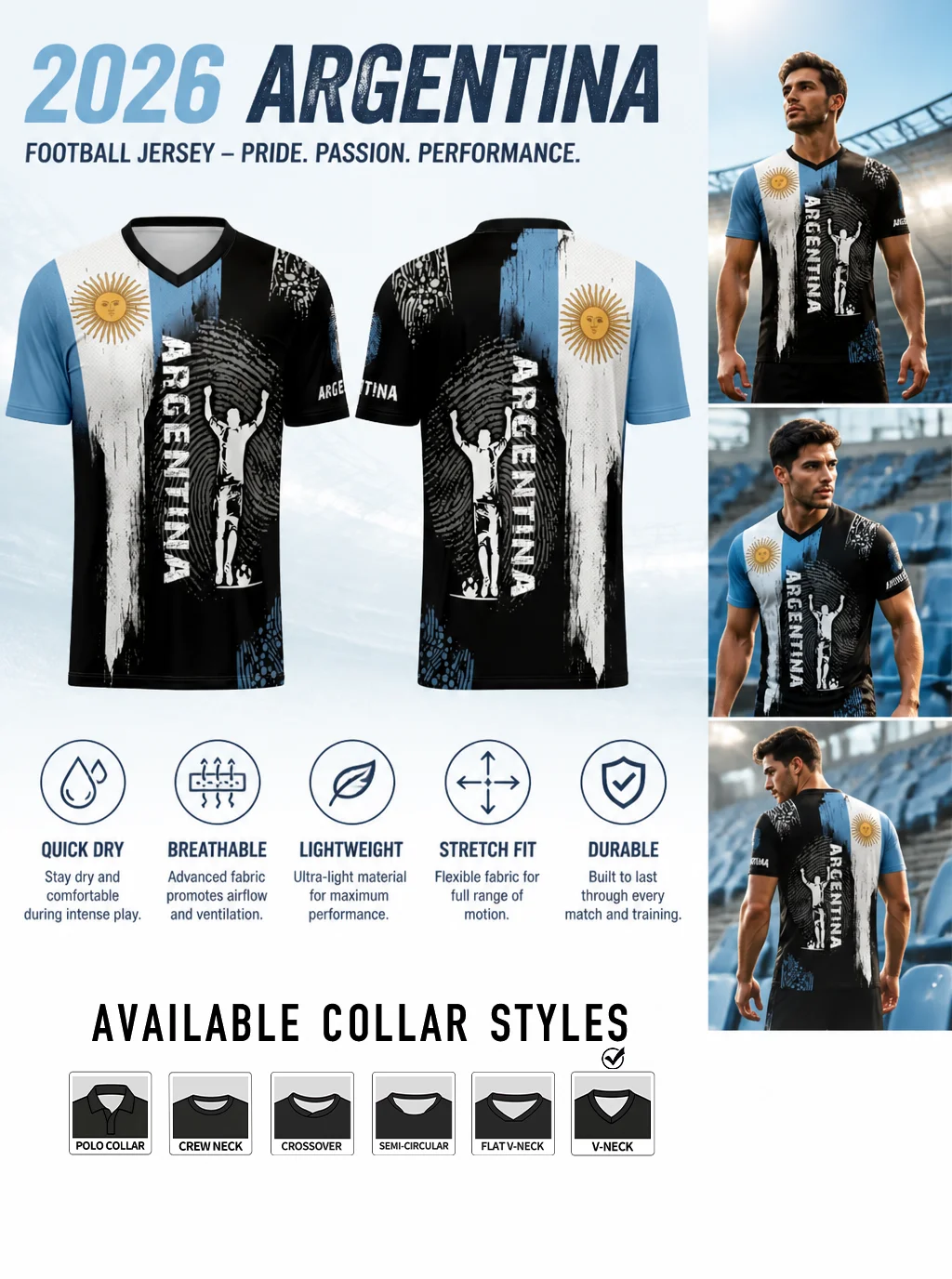 2026 Argentina football jersey, sun‑of‑may emblem, cheering‑player silhouette and brush‑stroke flag print