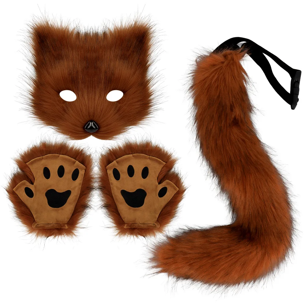 3PCS Girls Women Fake Fur Fox Tail Cat Wolf Role Playing Halloween Cosplay Props Accessories Costume Set Plush Masks Gloves