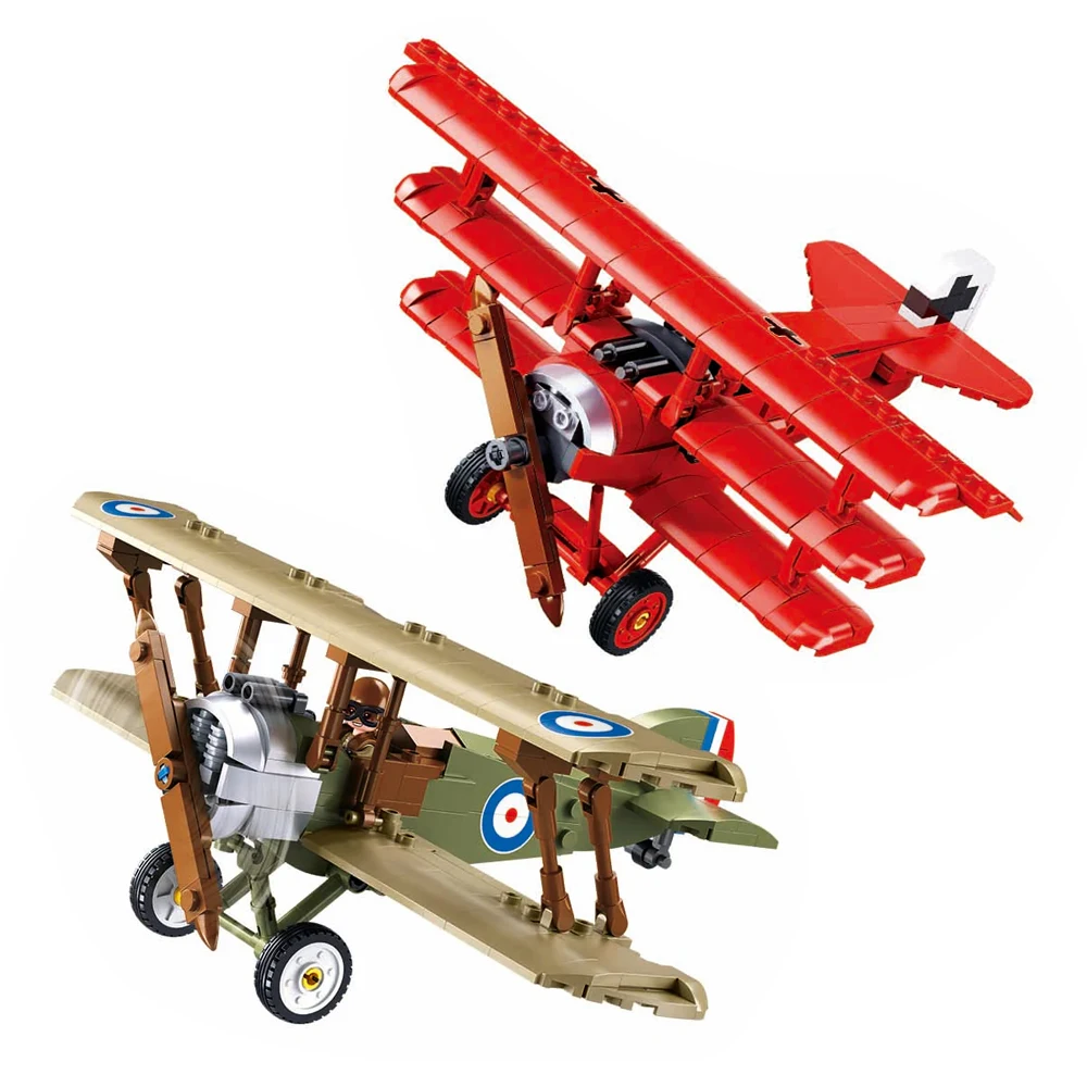 Avião de Combate Triplano Fokker DR-1 da Primeira Guerra Mundial / Avião de Combate Biplano Sopwith Camel, Blocos de Construção Militares, Brinquedos para Crianças