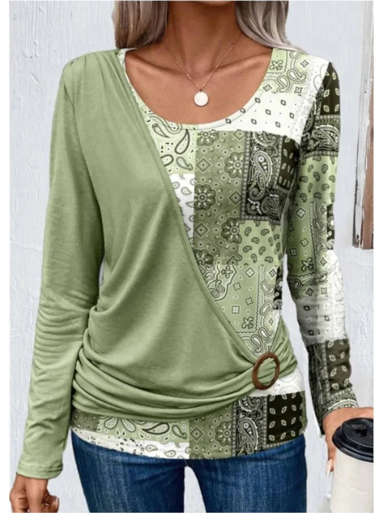 

Women's Spring Autumn New Fashion Printed Solid Color Splicing Casual Comfortable Long Sleeve Knitted T-shirt