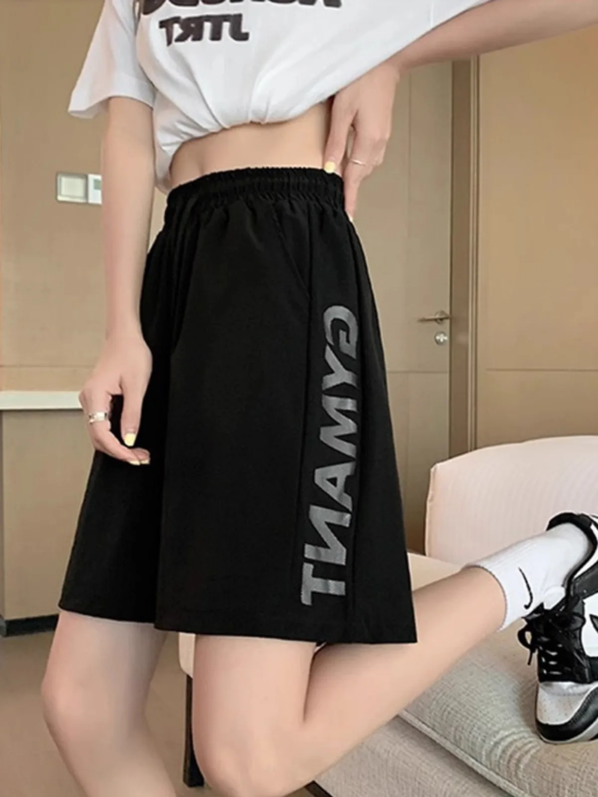 

Qui Dry Ice Silk Спортивные брюки с высокой талией Женские летние тонкие широкие брюки Повседневные шифоновые брюки средней длины Верхняя одежда с эффектом похудения