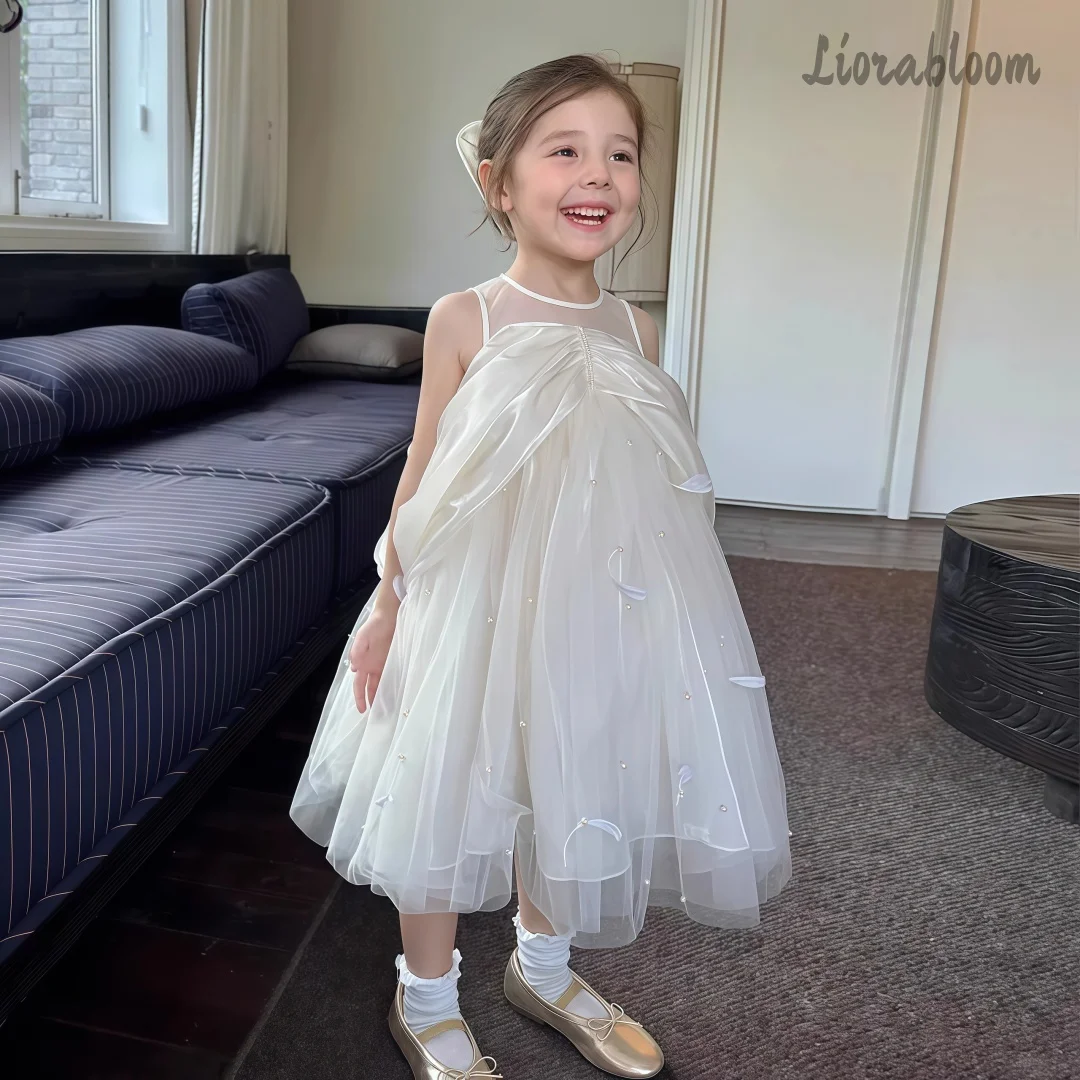 

Girls' White Sequin Floral Print Dress Tulle Flower Girl Gown Layered Voluminous Party Dress Wedding Attire Short Formal Dress