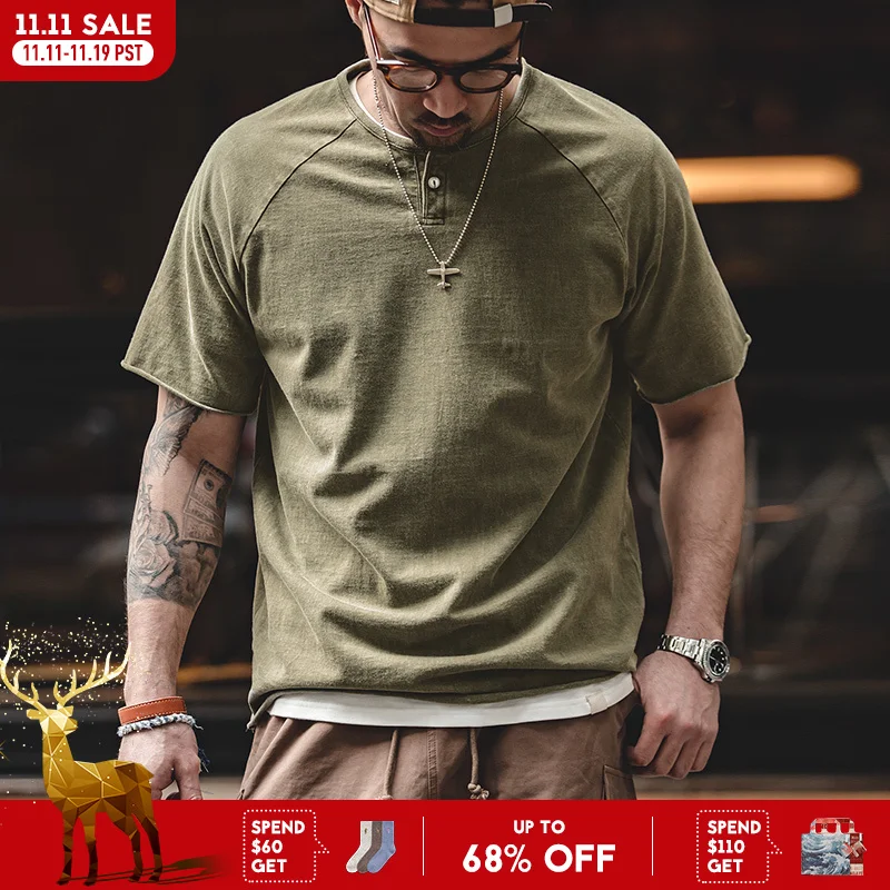 

Maden Japanese Vintage Heavyweight Henley T-Shirt Men Distressed Loose Short Sleeve Tops Casual Button Cotton Washed Tee Shirts