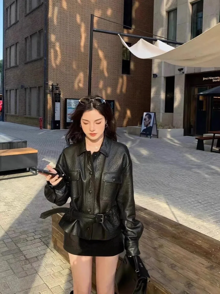 Haining Motorcycle Jaet Women's ort Bla PU Leather Coat Street Sle Loose Fit Long Sve  Collar Button up Coat