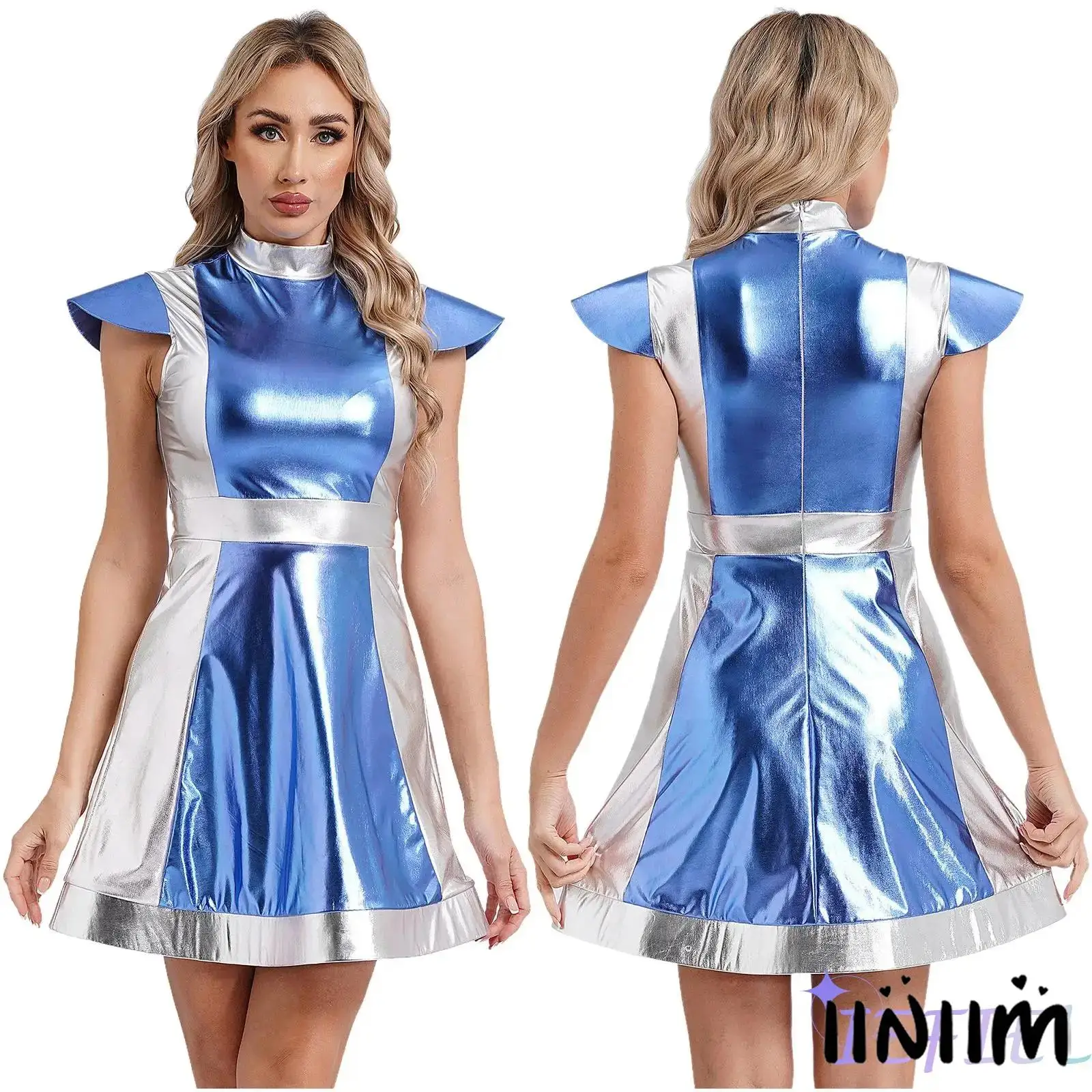 

Adults Womens Nebula Fighter Dress Cosmic Iridescent Fabric Mock Neck Telescopic Sleeves Dress Alien Halloween Cosplay Costume