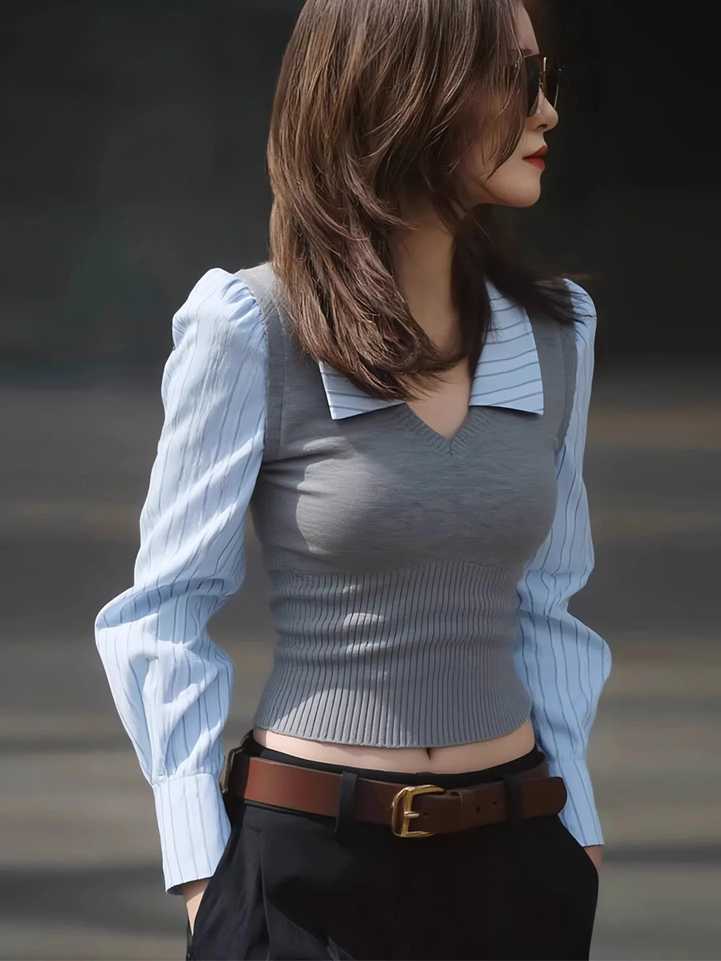 

Faionable Striped irt Fake Two-Piece Women's Slim Fit Long Sve Spring 2026 Daily Wear ort Length Collar Zipper