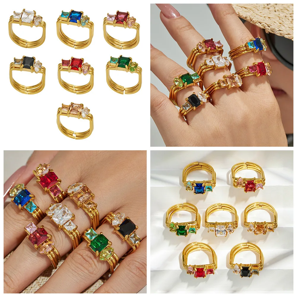 3-teiliges Edelstahlring-Set, 3-in-1 Stapelringe, 18K vergoldete Ringe, bunte Zirkon-Dreifachringe für Damen – Detail 1