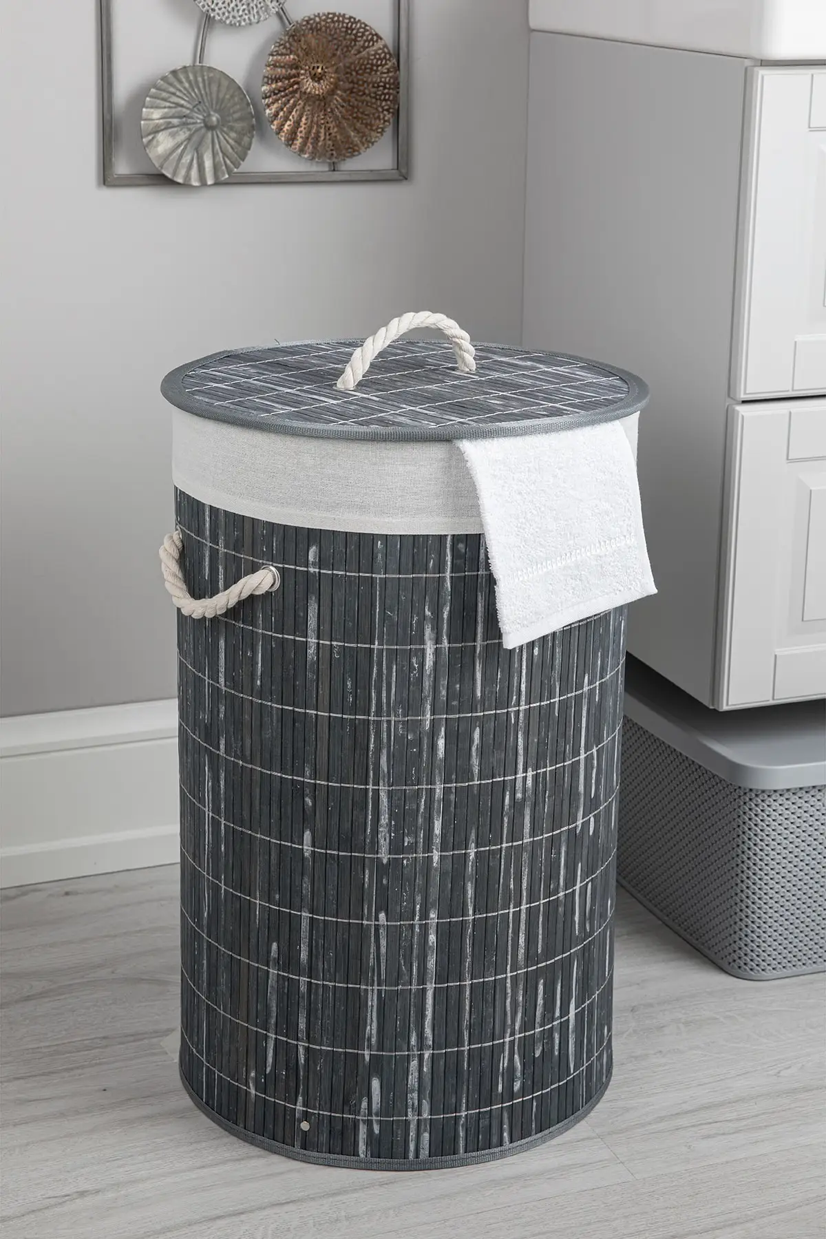 Natural Bamboo Gray Round Laundry Basket Collapsible Large Laundry Hamper Waterproof Home Laundry Basket