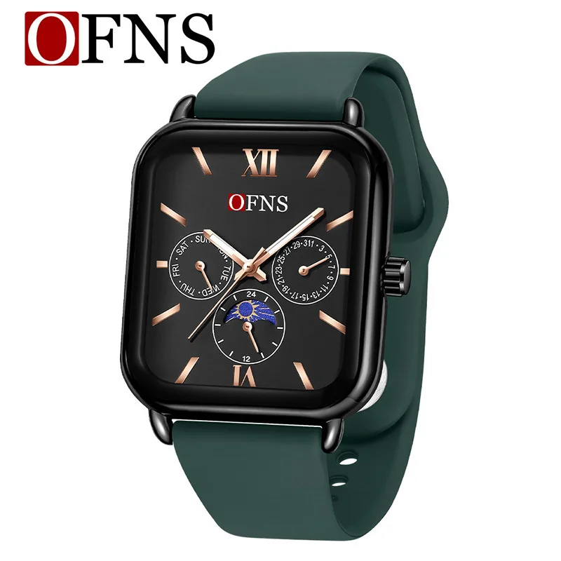 

Мужские модные кварцевые часы OFNS: горячая распродажа, квадратный корпус, три циферблата, шесть стрелок, многофункциональный хронограф, трендовые кварцевые часы