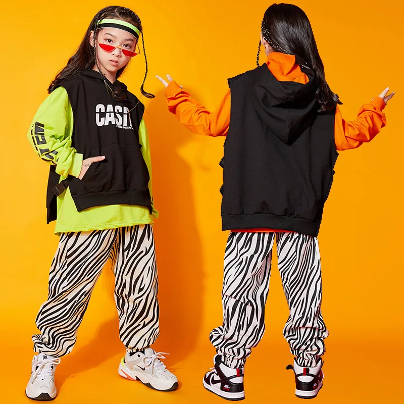 

Kid Hip Hop Clothing Sweatshirt Hoodie Sleeveless Jacket Zebra Streetwear Jogger Sweat Pants for Girl Boy Dance Costume Clothes