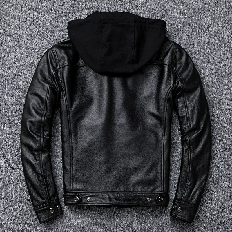 Spring Autumn Men's First Layer Cowhide Motorcycle Coat Black Hooded Genuine Leather Jacket Men Real Cow Leather Jackets 5XL 6XL