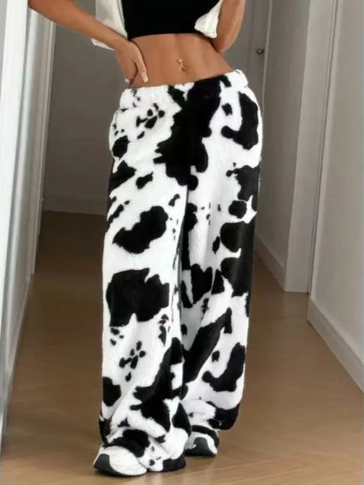 Women Fashion Spring Casual Trousers Elastic Waistband Drawstring Tie Pajama Bottoms Leopard Print Wide Leg Lounge Pants