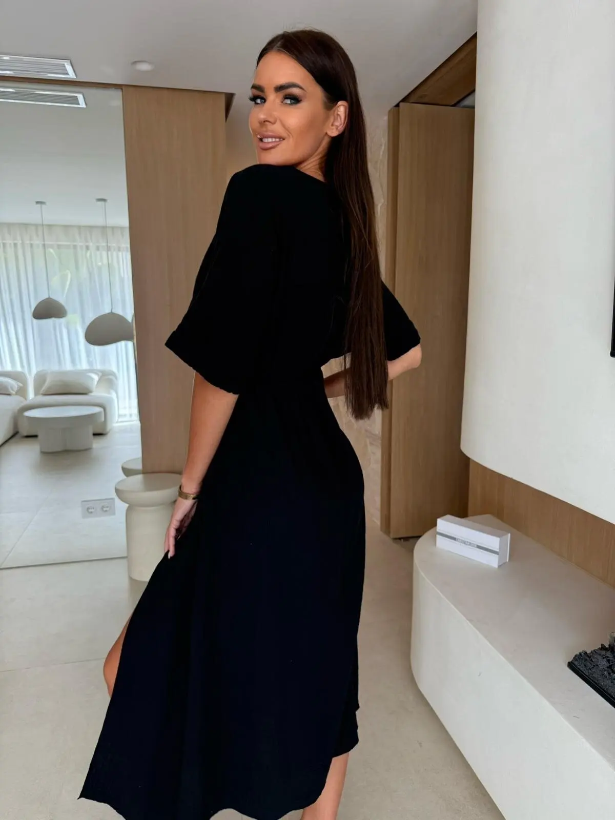 Robe mi-longue pour femmes, robe trapèze, robe d'été élégante pour sortir quotidiennes, coupe régulière, couleur Pure, demi-manches, col en V