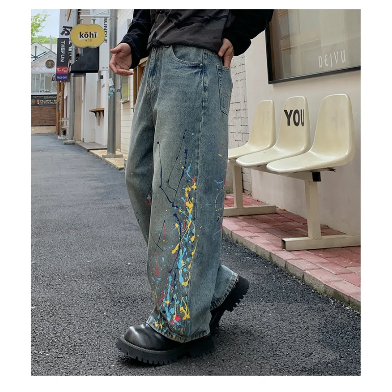 

Y2K paint splatter print denim jeans for men 2025 new style retro nostalgic loose oversized street cool mop pants